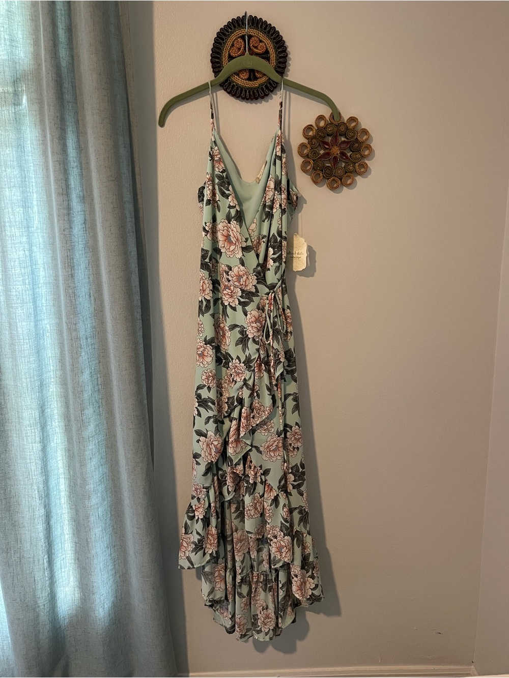Altar'd State Mint Floral High-Low Wrap Dress with Pink Blooms
